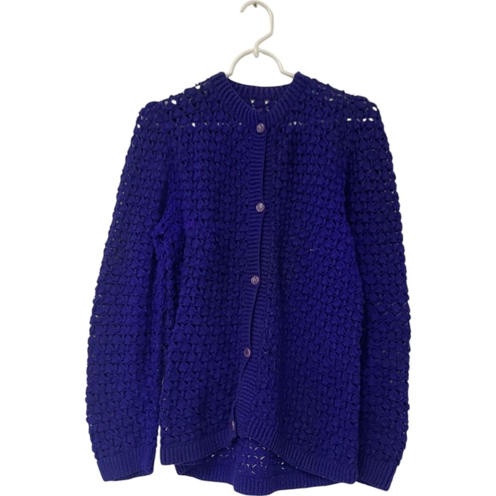 Womens Royal Blue Crochet Round Neck Button Front Cardigan Size S Lagenlook